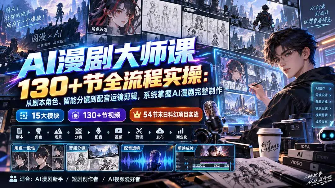 AI漫剧大师课130+节全流程实操：从剧本角色、智能分镜到配音运镜剪辑，系统掌握AI漫剧完整制作-副业吧