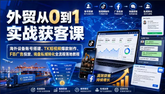 外贸从0到1实战获客课|海外设备账号搭建、TK短视频爆款制作、FB广告投放、询盘私域转化全流程落地教程-副业吧