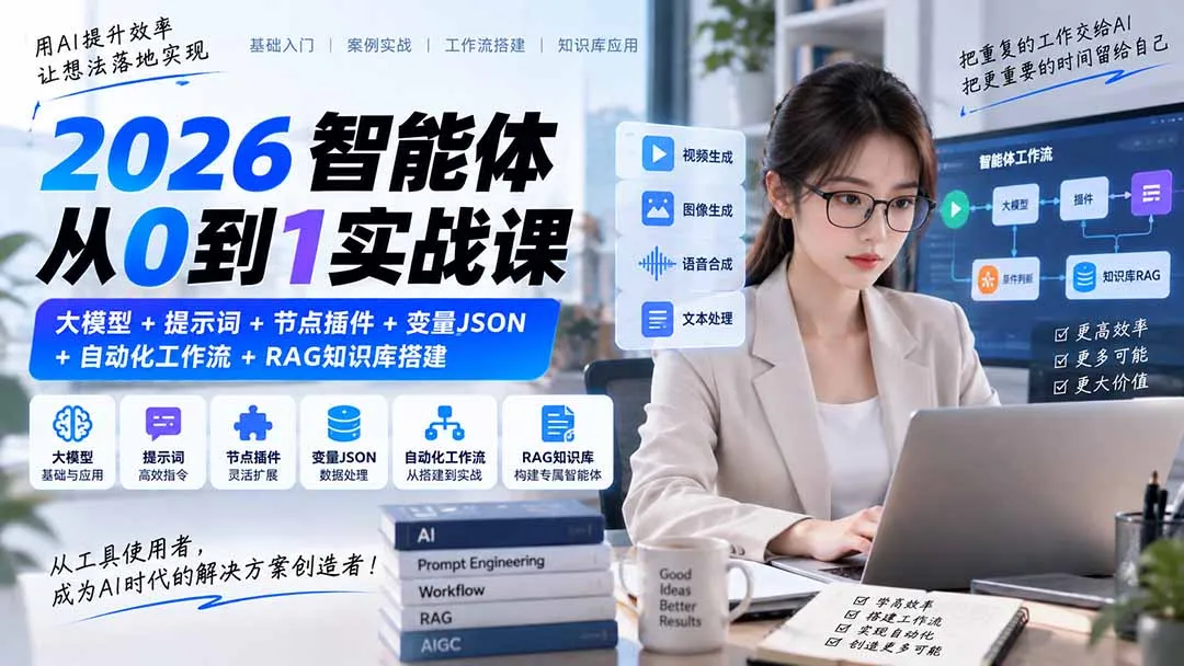 2026智能体从0到1实战课｜大模型+提示词+节点插件+变量JSON+自动化工作流+RAG知识库搭建-副业吧