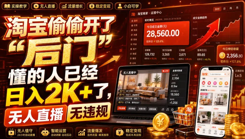 淘宝偷偷开了“后门”，懂的人已经日入2K+了，无人直播无违规，一台电脑=一家24小时营业的线上门店【揭秘】-副业吧