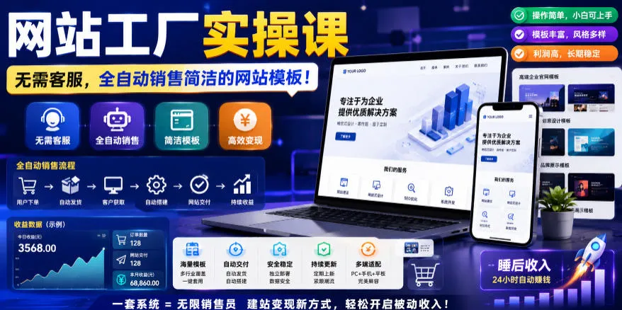 网站工厂实操课,无需客服,网站模板自动赚钱!【原创双语字幕】-副业吧