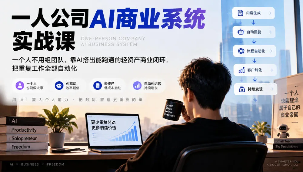 一人公司AI商业系统实战课,一个人不用组团队,靠AI搭出能跑通的轻资产商业闭环,把重复工作全部自动化-副业吧