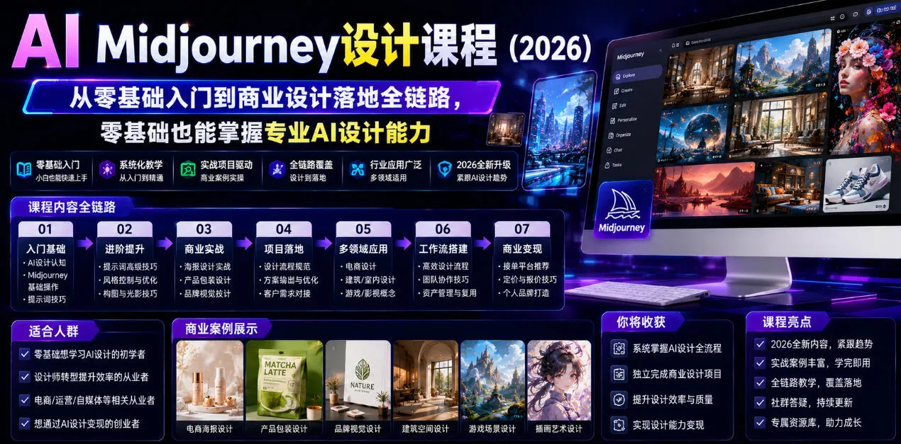 AI Midjourney设计课程(2026),从零基础入门到商业设计落地全链路,零基础也能掌握专业AI设计能力-副业吧
