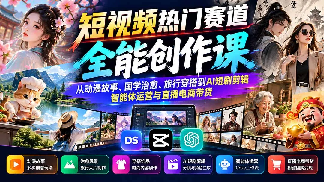 短视频热门赛道全能创作课：从动漫故事、国学治愈、旅行穿搭到AI短剧剪辑、智能体运营与直播电商带货-副业吧